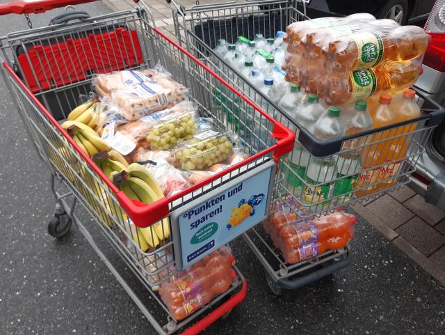 Verpflegungseinkauf. Zwei Einkaufswägen voll an Obst, Backwaren und Getränken.