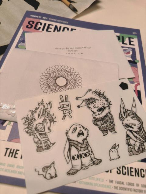 Rabbit stickers ordered from 100 rabbits, complete with handmade envelope and spirograph sketch