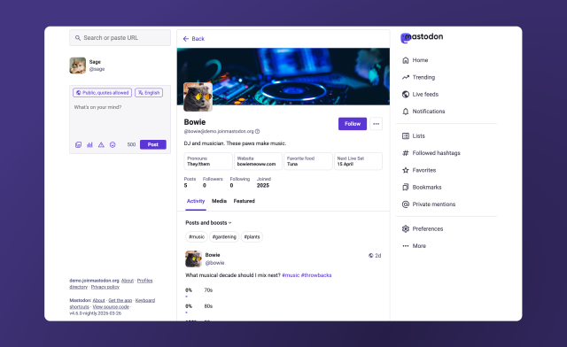 The new-look Mastodon profile page design, coming in Mastodon 4.6