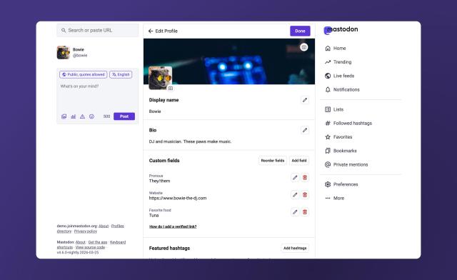 A screenshot of the redesigned profile editing experience on desktop web. The page shows sections for profile and cover photo editing, display name and bio editing, custom fields, featured hashtags, and profile tab settings.