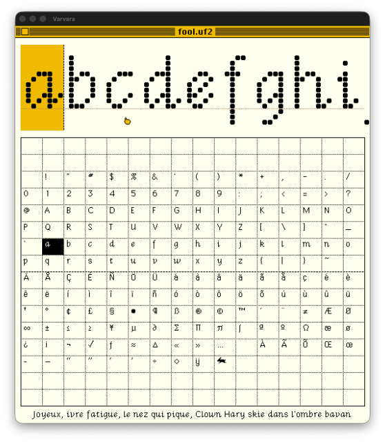 screenshot of the turye font editing prorgram showing the lowercase letters in a half-cursive style