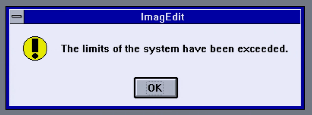 ImagEdit error dialog box that says "The limits of the system have been exceeded."