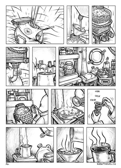 A comic showing how a rabbit living aboard a giant turnip sailboat at sea prepares coffee, from collecting the water via a rainwater collector outside, filtered and collected indoors. The coffee is then pan-roasted, ground and brewed.