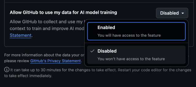 A GitHub setting labelled “Allow GitHub to use my data for AI model training", set to disabled