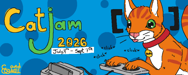 A drawing of Juxta, a tabby combinator cat with square brackets to either side of its head, playing on an oversized control pad connecting to a SNES. It's fixated on an offscreen television set blepping and clicking away at the controller. Text on the screen reads "Catjam. 2026, July 4th - Sept 7th". 
