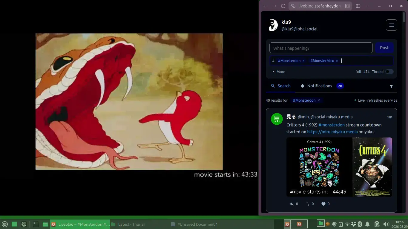 Screenshot of my laptop in watch party set-up, during #MonsterMiru pre-show before #Monsterdon 29 March 2026

Left: pop-out browser window showing video from miru.miyaku.media

Right: Main browser window with Liveblog

- Posting pane in minimal mode. Click "More" for adding media, poll, CW.

- Hashtags #Monsterdon & #MonsterMiru already set, no need to keep adding them manually to posts. Later I also added #Critters, #Critters4 & #UltraQ (should have been #Ultraman, I now realize), adding or deleting when appropriate.

- "Search" set to #Monsterdon so showing only posts with that tag.

- Posts tagged #Monsterdon, with buttons to Reply, Boost, Favourite