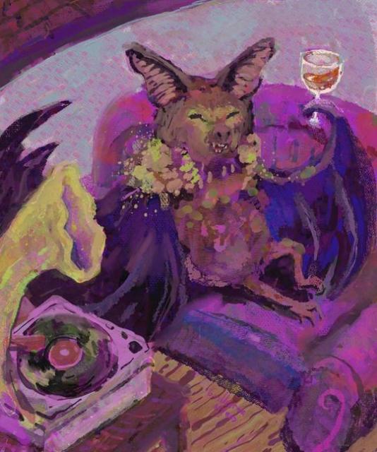 A painting of a bat drinking wine on a sofa while listening to a vinyl record on a record player.