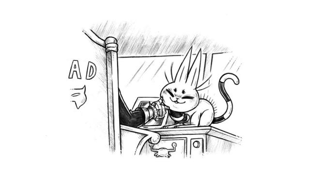 The familiar character(a cat with a very long and striped neck, spikes on its back and a long striped tail) from the HundredRabbits game Donsol is sitting on Doctor Claw's desk where Mad Cat should be, looking content while being petted by the armored hand of the Inspector Gadget villain.
