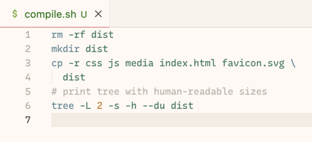 A shell script called compile.sh. It removes a "dist" folder, recreates it, copies files and folders into it, then prints a tree of the file structure.