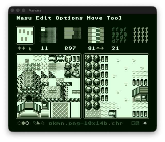 screenshot of the uxn program nasu showing a tileset from pokemon RBY and a recreation of a portion of the map of viridian city 