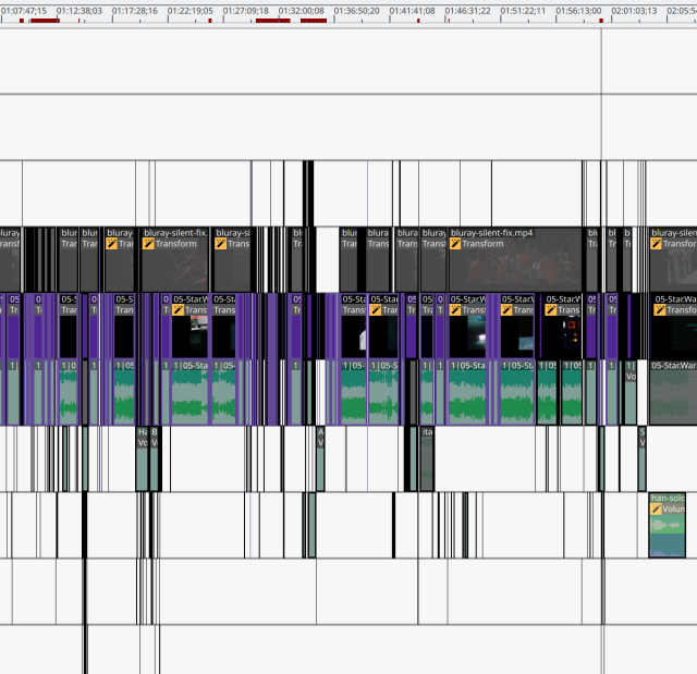 a very convoluted kdenlive timeline that spans over two hours of clips