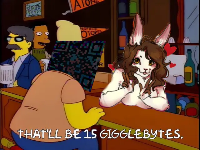 a scene from the Simpsons episode "flaming Moe's" with Lynn's profile pic edited over moe and my QR code edited over barney's face, captioned "that'll be fifteen giggle bytes" 