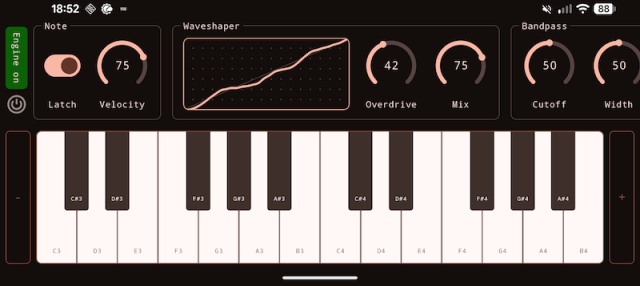 An Android soft-synth with keyboard and effects knobs.