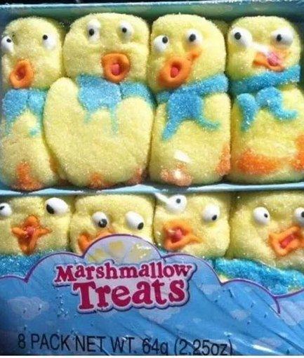 A box of marshmallow ducks that look like they’re packed in too tightly so their faces are humorously fucked up. 