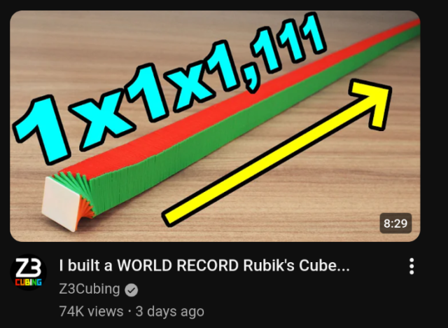a youtube video that's apparently about a 1x1x1111 rubik's cube that they made which is NOT A CUBE