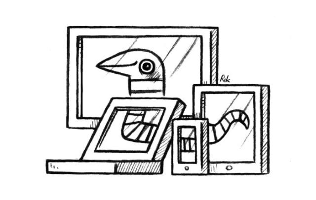 a drawing showing different parts of the same snake appearing accross the screens of a desktop computer, laptop, phone and tablet.
