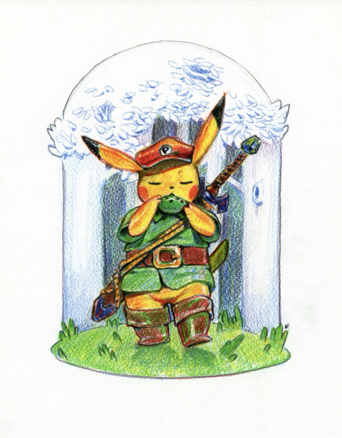 Colour pencil mashup of a Pikachu wearing a Mario hat dressed up as Link playing the ocarina