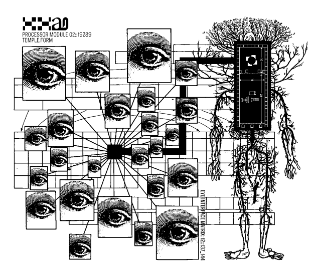 a black and white graphic without any antialiasing depicting, from right to left: a human central nervous system where the head is swapped with tree branches; overlaid is a black rectangular, geometric graphic that's reminiscent of a blueprint or circuit design, but it has symbols including a menorah in it; there is a thick black route extending into the center-left of the image, and several boxes/tiles laid out; and finally, spokes protrude from the and of the black route, each with the same image of am eye at their ends