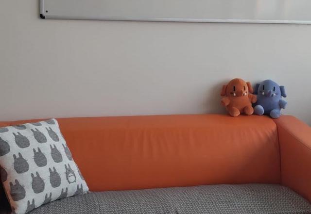 Orange sofa with a gray seat cushion, a white Totoro pillow on the left, and two Plushtodons, one orange and one blue, sitting on the right beneath a whiteboard on a plain wall.