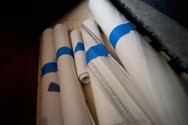 Rolled up dacron panels from an old sail.