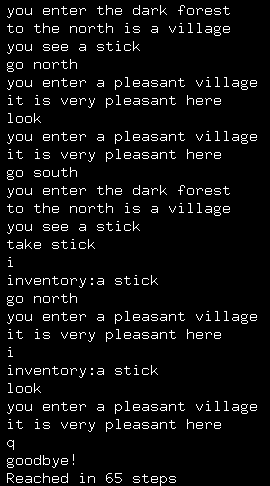 A black-and-white terminal showing an output of a text-based adventure game