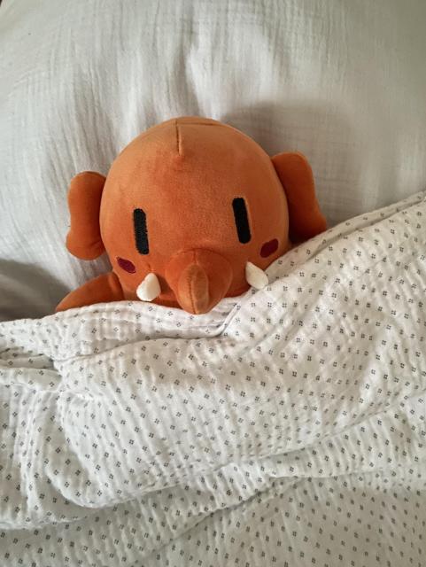 orange plushtodon on a pillow and with a sheet up to his mouth