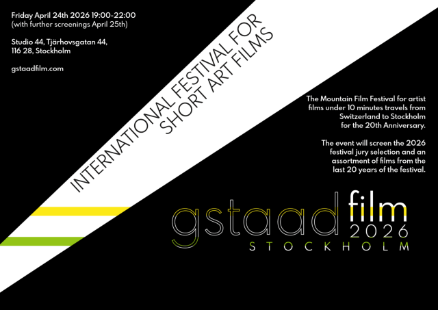 Poster for the 2026 gstaadfilm festival in black and white design with dates (24 April Stockholm) and the tagline 'festival for short art films'