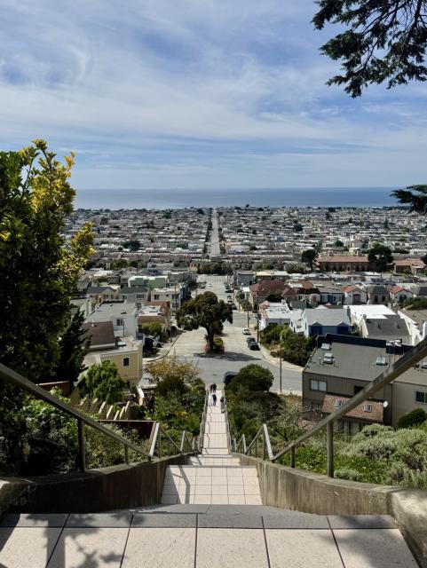 A few from the top of the stairs showing a city with the sea behind.