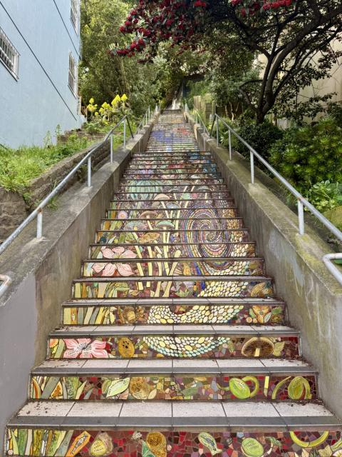 A view looking up a large flight of stairs. Tiles on the stairs' faces show mushrooms and other natural scenes. [iPhone 15 Pro]