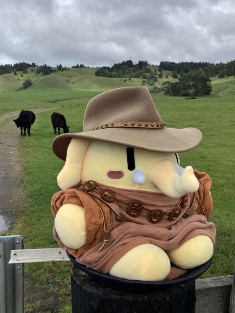 Yellow mastodon plushie sits on a gatepost, dressed in a brown western style hat and a rusty colored t-shirt dress draped in a walnut shell/leather cord belt. Behind her are two black cows in a vast green pasture, under gray clouds.