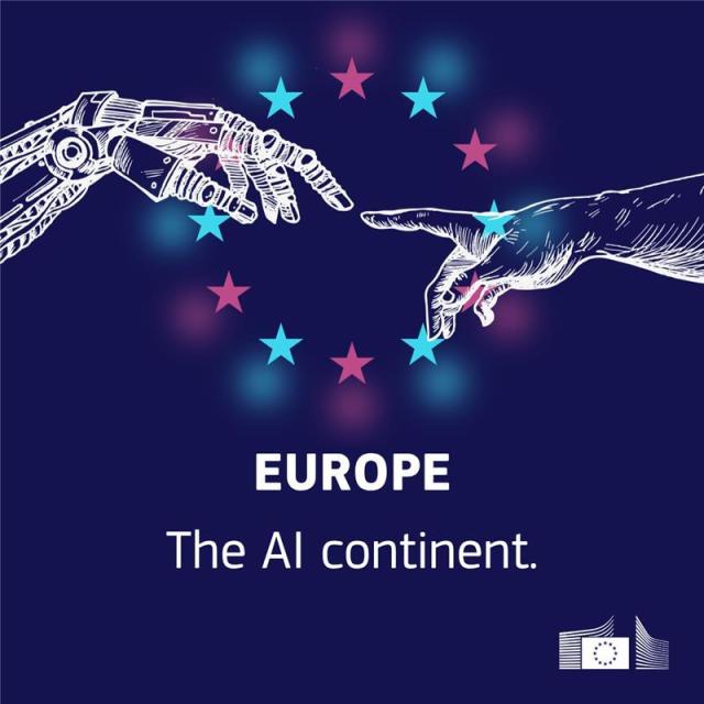 A robotic hand and a human hand reaching towards each other, reminiscent of "The Creation of Adam." They are framed by a circle of glowing pink and blue stars. Below, white text reads "EUROPE The AI continent," with the European Commission logo in the bottom right corner. 