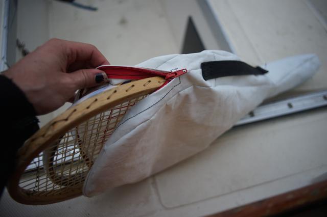 A DIY squash racket bag made from recycled sails.