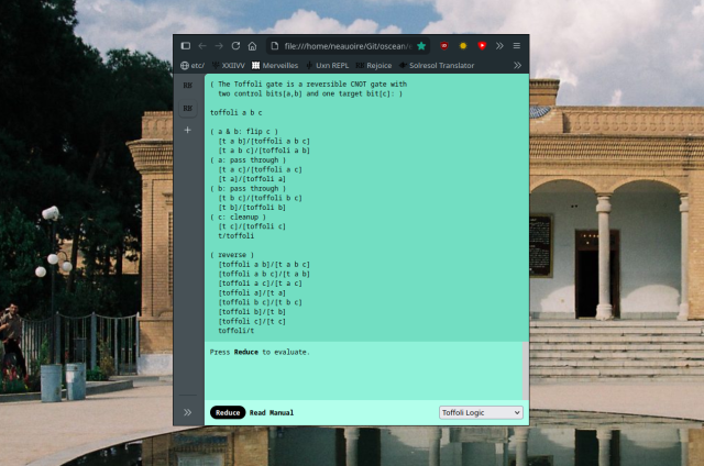 An implementation of the Toffoli logic gate in Rejoice, capable of running forward and backward.