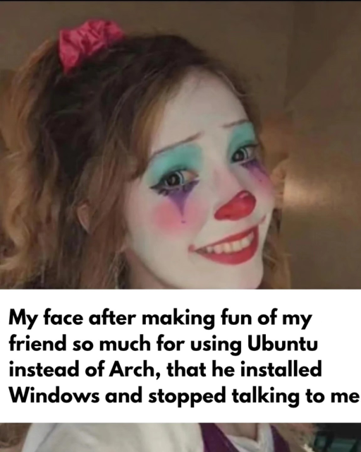 My face after making fun of my friend so much for using Ubuntu instead of Arch, that he installed Windows and stopped talking to me.

There is a picture of a woman with clown makeup on with a wry smile on her face to depict the above scenario.