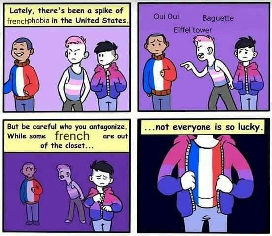 Four-panel comic that's been edited. First panel: Three people, one in a French flag shirt, one in a trans flag shirt with pink hair, and one in a bisexual flag jacket. Text: "Lately, there's been a spike of frenchphobia in the United States."

Second panel: Same three people, with trans flag person pointing accusatorily at french flag person and yelling "Oui oui", "Baguette", "Eiffel Tower"

Third panel: The two people from the last panel in the background. Third person (bisexual flag) looks sad and starts to unzip their jacket. Text: "But be careful who you antagonize. While some french are out of the closet..."

Fourth panel: Bisexual flag person has fully unzipped their jacket to reveal a french flag shirt underneath. Text: "...not everyone is so lucky."