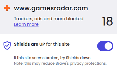 A screenshot of an ad blocker showing 18 trackers, ads and more from Games Radar.
