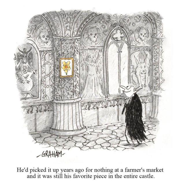 A cartoon illustration of a vampire admiring a small painting of a yellow flower in a very gothic looking castle. Caption reads "He'd picked it up years ago for nothing at a farmer's market and it was still his favorite piece in the entire castle."