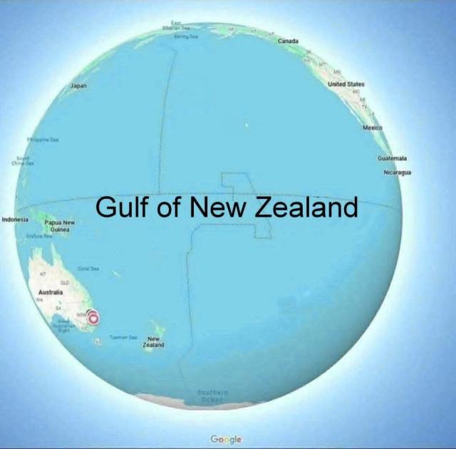 Spherical map showing mostly the Pacifc Ocean labeled "Gulf of New Zealand"