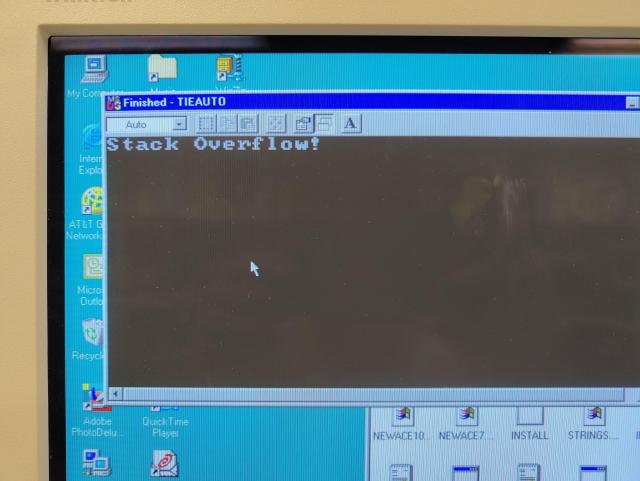 Windows 98 screen with "Stack Overflow!" error in a terminal