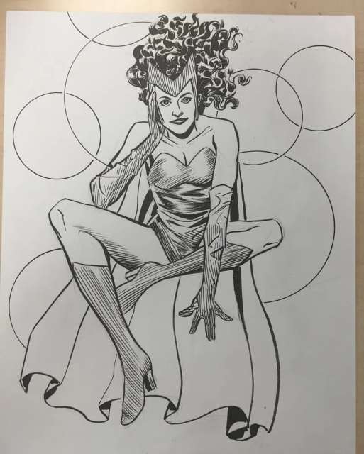 Brush and ink sketch of the scarlet witch, floating