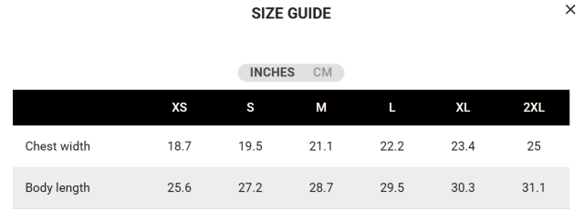 It's a screenshot of the Size Guide from the link in the OP, showing measurements labeled "Chest Width" in inches of 

18.7 for XS, 
19.5 for S, 
21.1 for M, 
22.2 for L, 
23.4 for XL, and 
25 for 2XL.