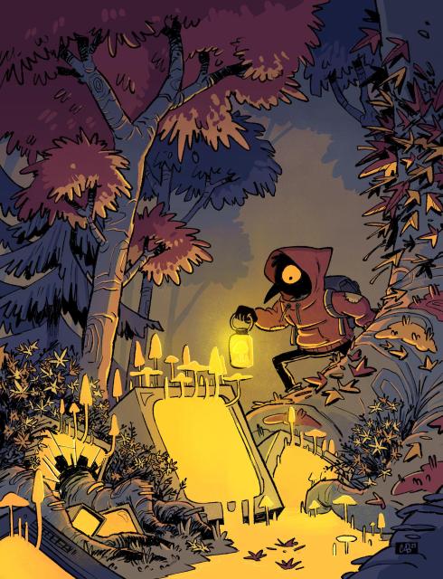 Bird character in a forest full of yellow glowing TVs