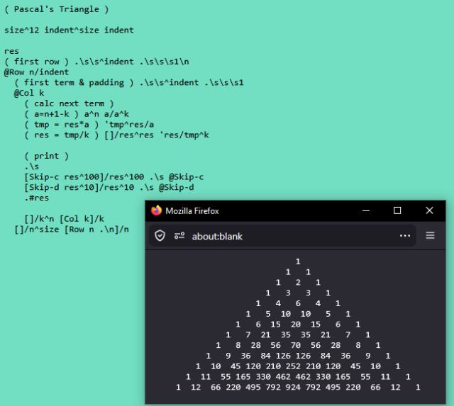 Rejoice code to print Pascal's Triangle up to row 12, along with the printed output. (Code in following toot.)