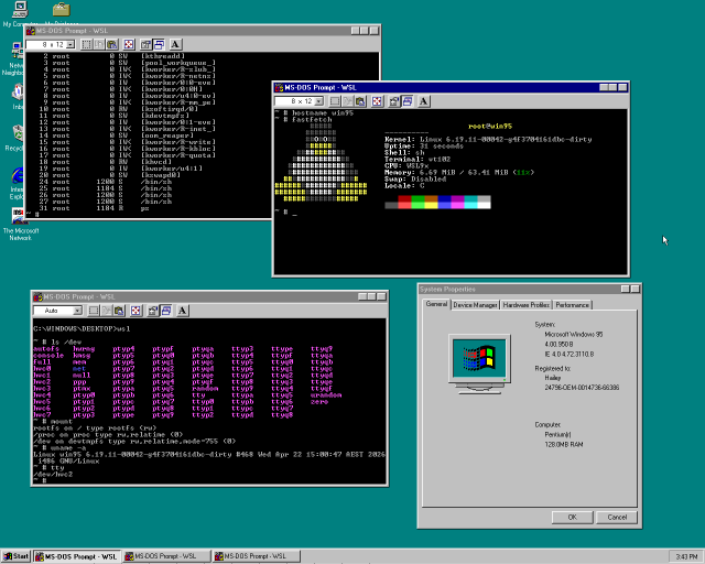 a screenshot of WSL9x running on Windows 95. Three MS-DOS prompts are open running WSL9x ptys. The focused one is running fastfetch, showing basic machine information and a nice ansi coloured penguin. Other windows show the output of ps, ls /dev, mount, uname -a, and tty.