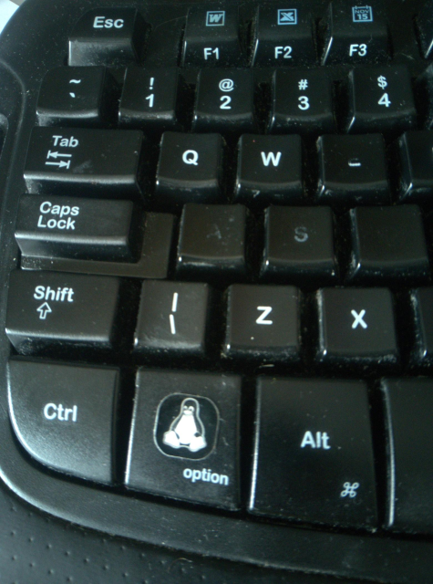 Photo of my keyboard. On the start/super key there is a little sticker of Tux, the Linux mascot.