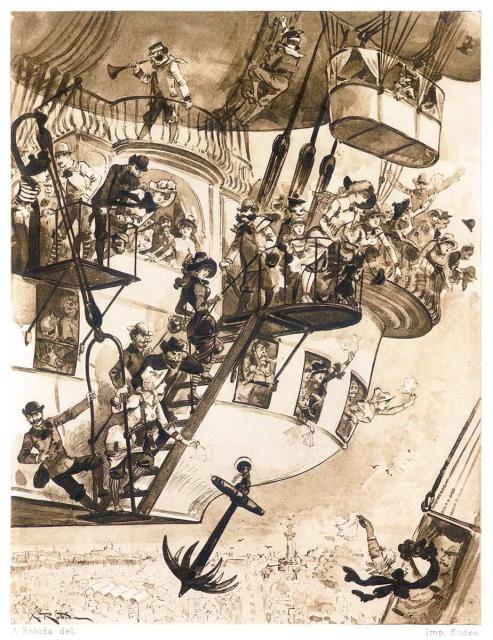 View of a hot air balloon hovering over a coastal city, with passengers waving goodbye from the gondola's 'deck' and windows.