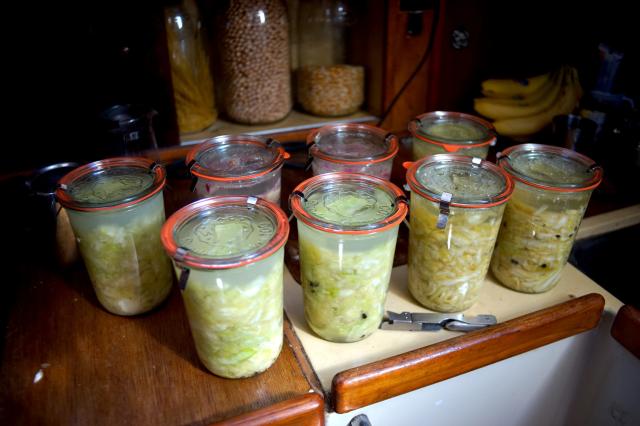 6 jars of saurkraut, 2 jars of cauliflower.
