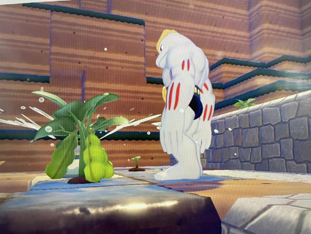 photo from pokopia, machoke is standing next to my garden and it looks like he’s taking a piss on my beans