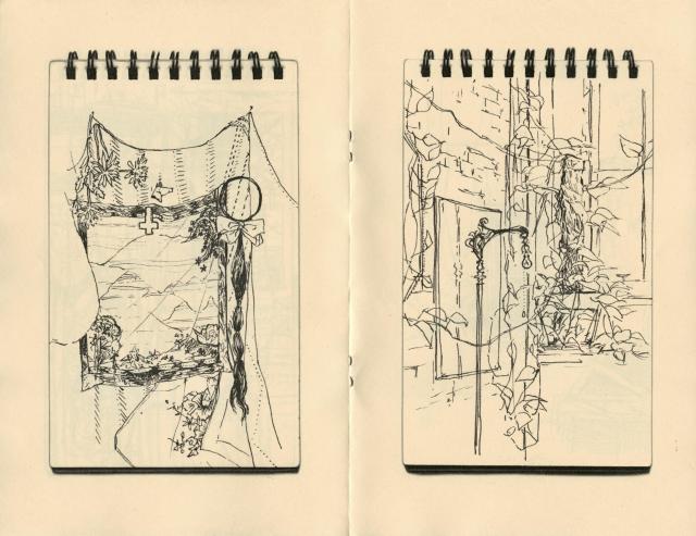 A sketchbook open to two pages: the left page features a drawing of fabric draped with floral designs and a braided hoop, while the right page shows an illustration of a window surrounded by vines and an ornate object.