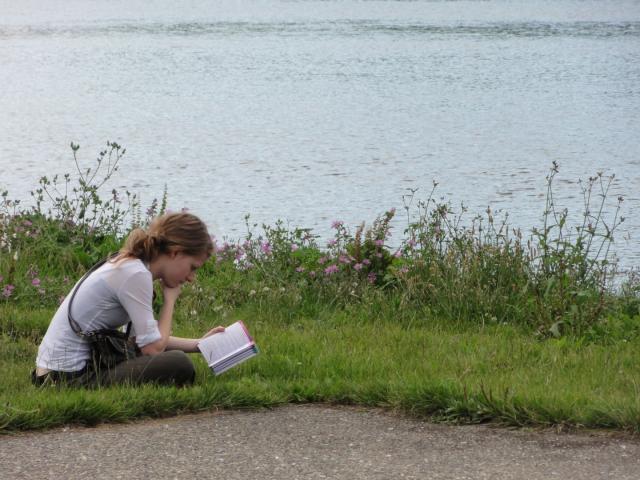 Au bord de l'eau dans l'herbe une personne lit probablement un guide touristique